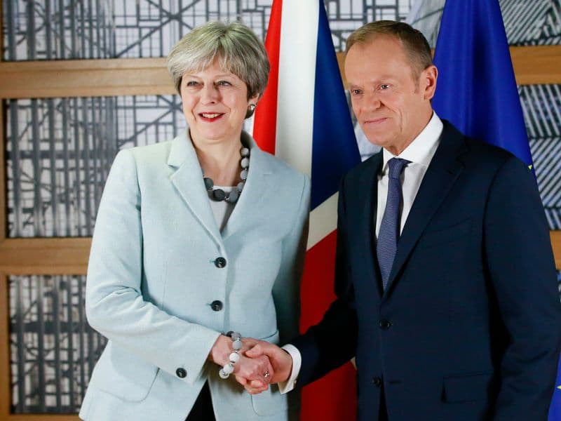 Theresa May en Donald Tusk, voorzitter van de Europese Raad