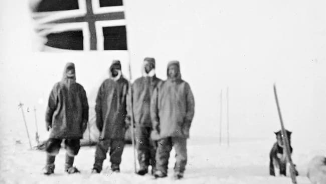 Oscar Wisting, Olav Bjaaland, Sverre Hassel en Roald Amundsen op de Zuidpool